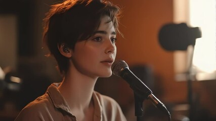 Young woman singing passionately in recording studio - Powered by Adobe