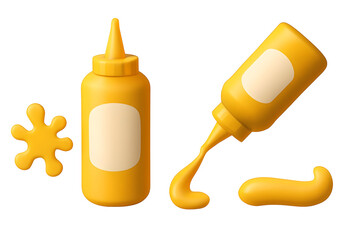 Yellow condiment bottles, one tilted with dollop, and a splat, on black