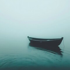 Fototapeta premium Solitary rowing boat adrift on a serene lake shrouded in mist and atmospheric haze providing a