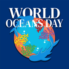 World Oceans Day with Colorful Coral and Fish in Circle Frame vector illustration for world oceans day featuring a circular ocean scene with colorful coral reefs, two swimming sharks, bold typography