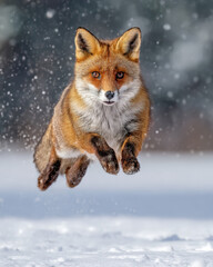 Fox Jumping High in Snowy Landscape
