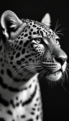 Obraz premium Close-up black white leopard portrait on dark background. Animal shows spotted fur detail. Big cat predator with sharp eyes. Wildlife scene, perfect print design, graphic.
