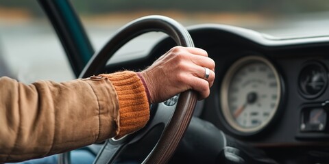 Classic Car Dashboard View with Hands on Steering Wheel, Adventure Journey in Vintage Automobile