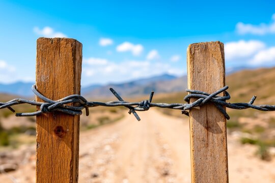 A barbed wire fence in the middle of a dirt road