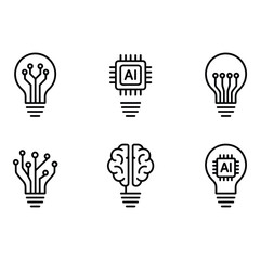 AI Innovation Six Modern Line Icons Representing Artificial Intelligence Technology and Ideas