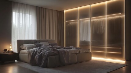 Contemporary bedroom with transparent wardrobe doors, indirect LED lighting, and luxurious layered fabrics