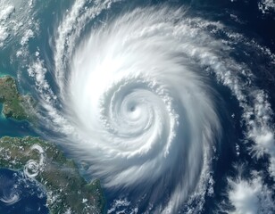 Aerial view of powerful hurricane Alex, swirling over the ocean. Massive circular storm system with white clouds. Tropical cyclone, weather phenomenon, climate change concept.