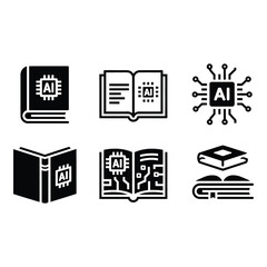 AI Technology Book Icons Modern Monochrome Educational Informative Digital Circuitry Knowledge Learning Data Innovation