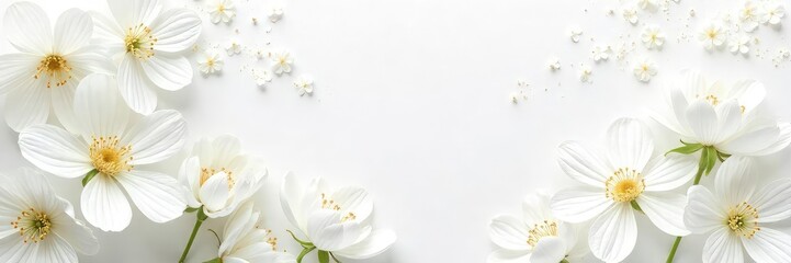 Obraz premium Elegant white background adorned with delicate white flowers, perfect for wedding invitations, blogs, or feminine branding Subtle texture adds visual interest , summer, floral