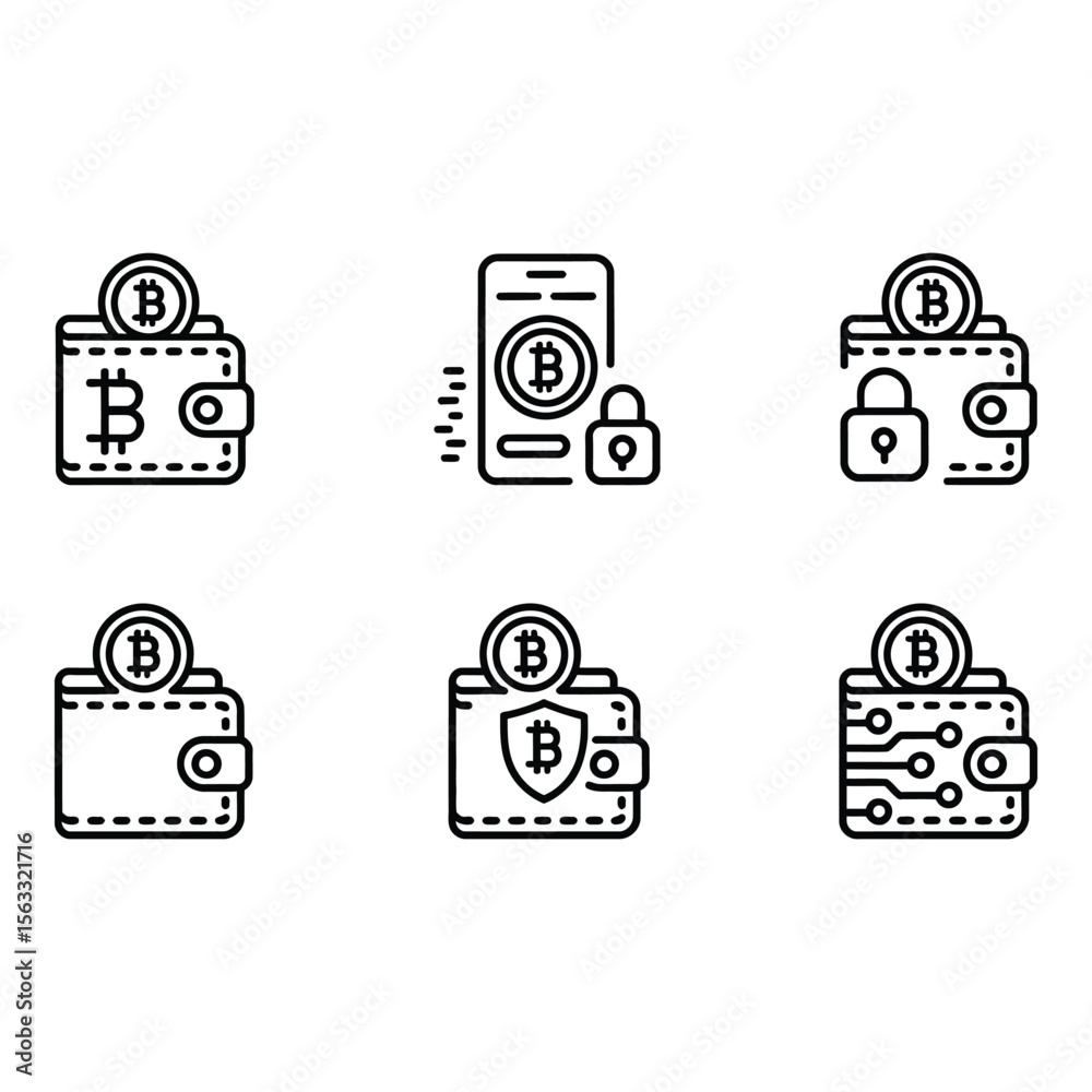 Poster bitcoin wallet icons secure cryptocurrency payment mobile app and blockchain technology line art gra