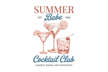 Summer babe cocktail club vintage illustration with drinks isolated on transparent background