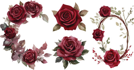 Fototapeta premium Elegant Watercolor Burgundy Rose Floral Arrangements for Wedding Invitations and Designs