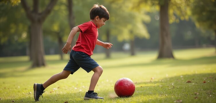 Young boy plays soccer red ball on green grass in park. Child wears red shirt blue shorts. Kid enjoying summer outdoor activity. Healthy active lifestyle childhood happy moments.