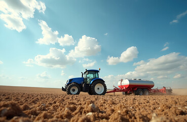 Obraz premium Blue tractor with tank trailer plows field. Agricultural machine sowing crop. Modern farming, cultivation. Farm equipment, field work, agricultural industry in rural landscape.