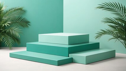 Serene teal and mint green tiered display platform with lush tropical palm leaves, minimalist product presentation backdrop, clean and modern aesthetic, ideal for beauty or lifestyle branding.