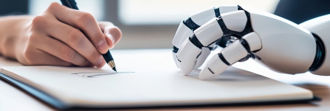 Close up of robotic and human hands drawing on sketchpad, showcasing collaboration and integration of artificial intelligence in creative process - Powered by Adobe