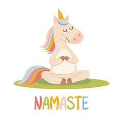 Cute cartoon unicorn sitting on the grass and meditating. Children's style. Vector illustration.
