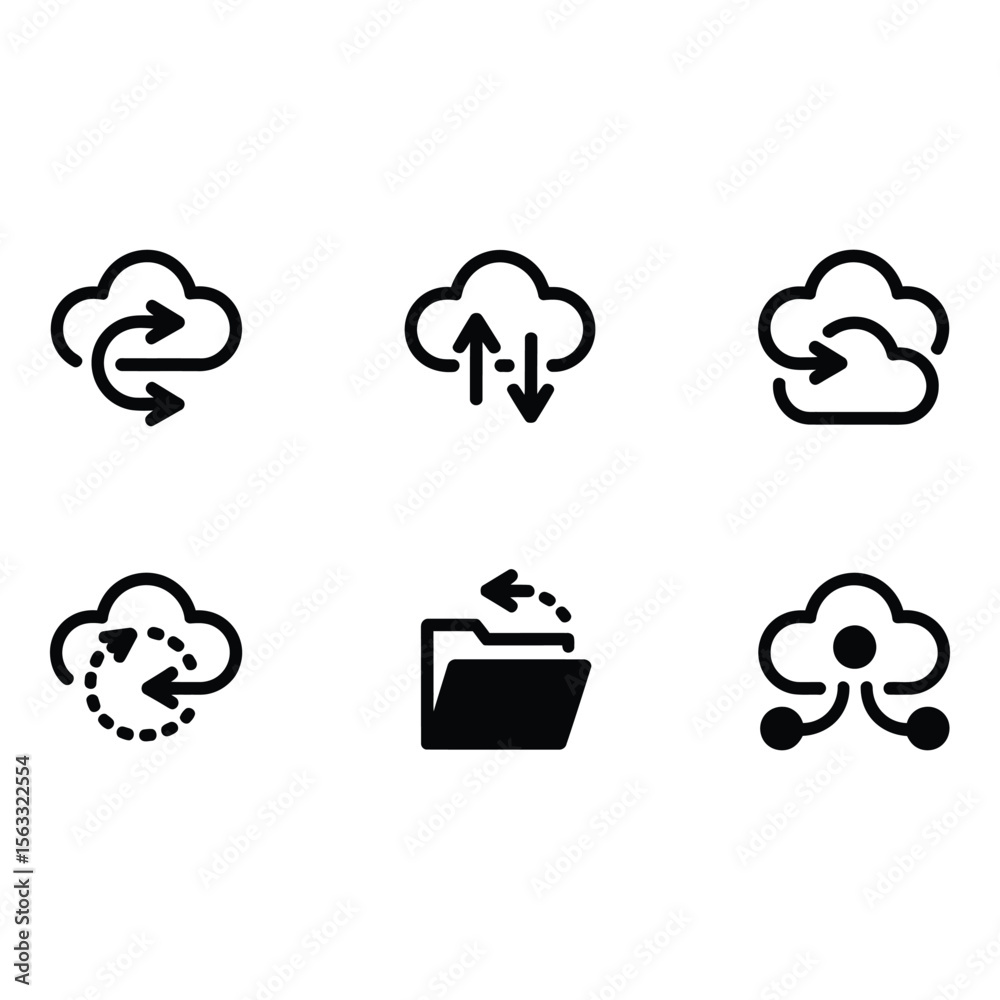 Poster cloud computing icons data transfer synchronization and network symbols in bold black style