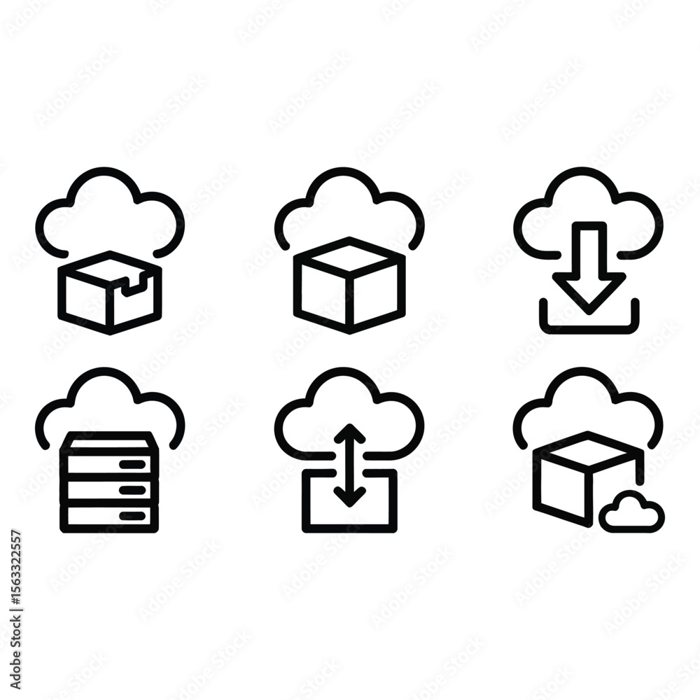 Poster cloud computing icons data storage upload download server minimalist line art style