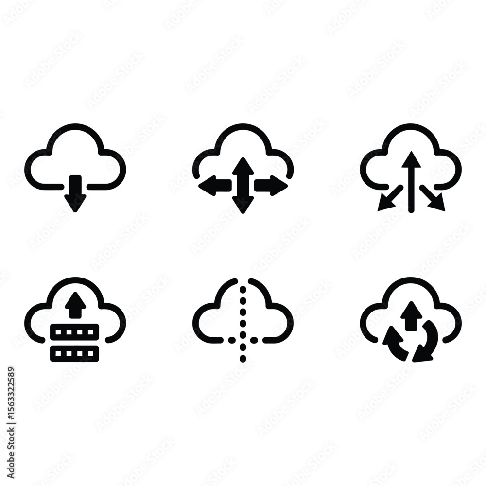 Poster cloud computing icons download upload sync share network data transfer server minimalist bold black 