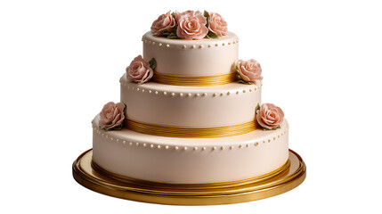 Elegant three tier pale pink wedding cake adorned with delicate sugar roses and pearl accents isolated on transparent background