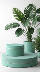Serene Minimalist Product Display: Two-Tiered Sage Green Pedestal with Monstera and Palm Plants, Elegant Gold Accents, White Background, Clean Modern Aesthetic.