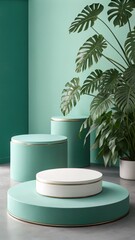 Serene Minimalist Product Display:  Three-tiered Pastel Green and White Cylindrical Platforms with Lush Monstera Plant Backdrop, Modern Studio Setting, Clean and Elegant Aesthetic.