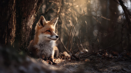 Naklejka premium Fox under tree canopy with patchy sunlight spots