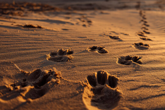 Fox tracks in dune sand side angle warm evening light