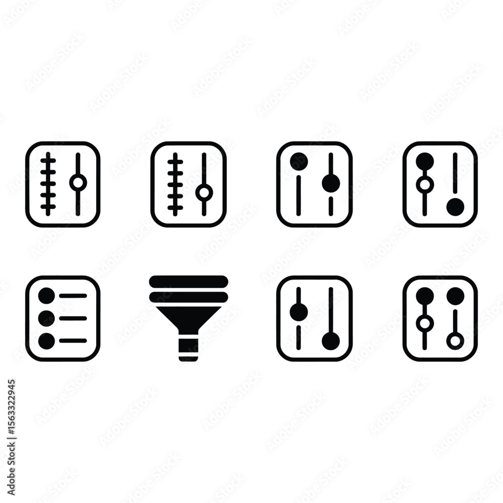 Poster collection of minimalist black and white setting control icons user interface elements for app desig