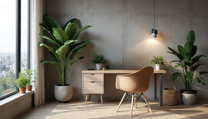 Fototapeta premium Modern home office with a desk, chair and lush green plants. Sunny window view, cozy minimalist style design with natural light, creating relaxing atmosphere. Interior with urban skyline.