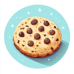 Fototapeta premium Delicious chocolate chip cookie on a light blue background with sparkles and shadows for a playful dessert design