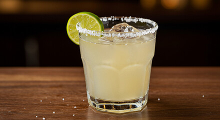 A margarita cocktail with a lime wedge and salted rim on a wooden surface with dark background