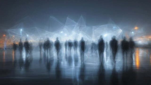 Abstract Crowd Silhouettes with Digital Network Overlay and Reflected City Lights - Powered by Adobe