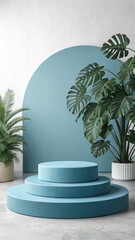 Serene teal product display with three-tiered podium, lush monstera deliciosa and palm plants, minimalist backdrop, calming and sophisticated mood, ideal for beauty or lifestyle brands.
