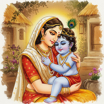 Mother Yashoda Embracing Little Krishna with Divine Love and Affection