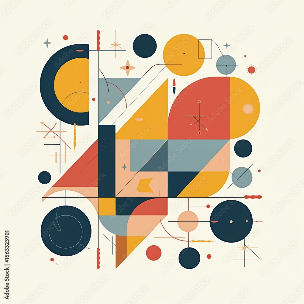 Aufkleber colorful geometric abstract design. vibrant shapes and lines composition including circles triangles