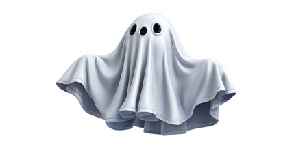 Friendly cartoon ghost with three black eyes peeking out from under a white sheet isolated on transparent background