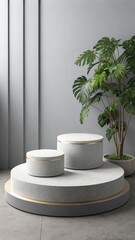 Minimalist grey concrete display podiums with gold accents, featuring a lush green Monstera deliciosa plant, creating a serene and sophisticated product presentation scene.