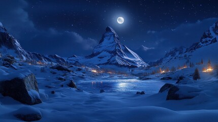 Snowy mountain peaks, a moonlit lake, and twinkling lights