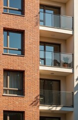 Fototapeta premium Multi-story residential building exterior with brick facade, balconies, modern windows. Real estate construction, sale, rent apartment. New urban architecture details. Residential property, housing,