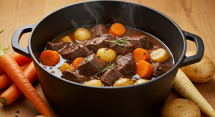 Close up of hearty beef stew in a black pot with carrots and potatoes on a wooden surface view