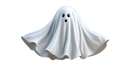 Cute friendly white ghost with big black eyes and open mouth isolated on transparent background