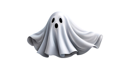 A playful white ghost with three black eye holes peeking out from under a flowing sheet isolated on transparent background