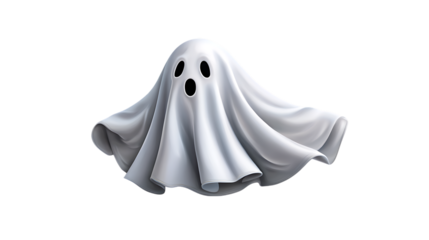 A playful white ghost with three black eye holes peeking out from under a flowing sheet isolated on transparent background