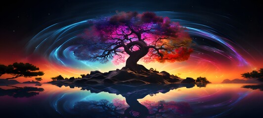 pop surreal unreal silhouettes spiral towards banyan bonsai,ai generative