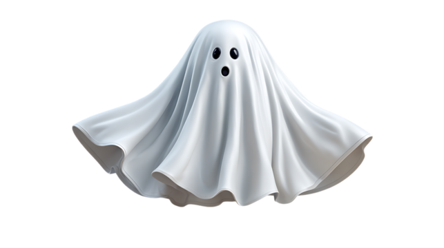 Cute friendly white ghost with big black eyes and open mouth isolated on transparent background