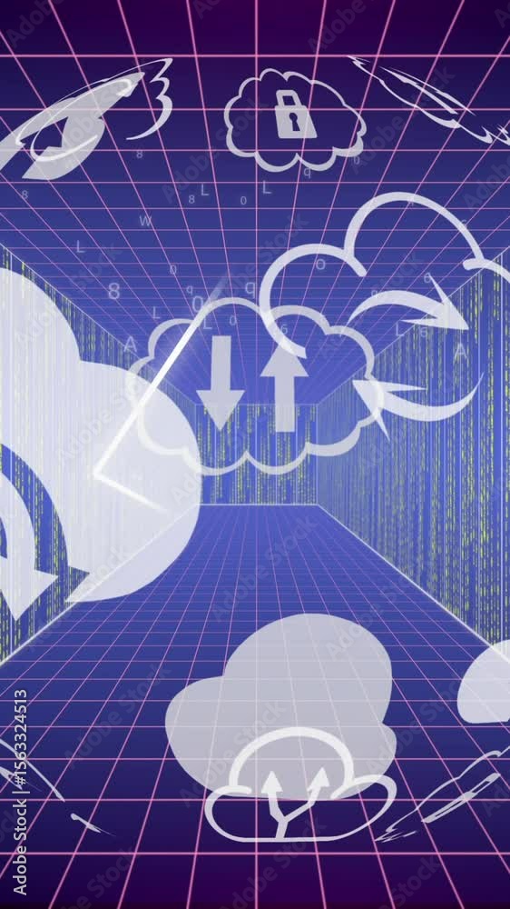 Poster animation of globe with cloud icons and data processing over computer servers