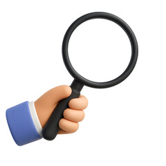 Cartoon hand holds magnifying glass. Search, inspection, or finding theme