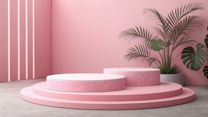 Pink minimalist product display with textured cylindrical platforms, tropical plants, and subtle lighting; ideal for beauty, fashion, or lifestyle branding showcasing elegance and serenity.